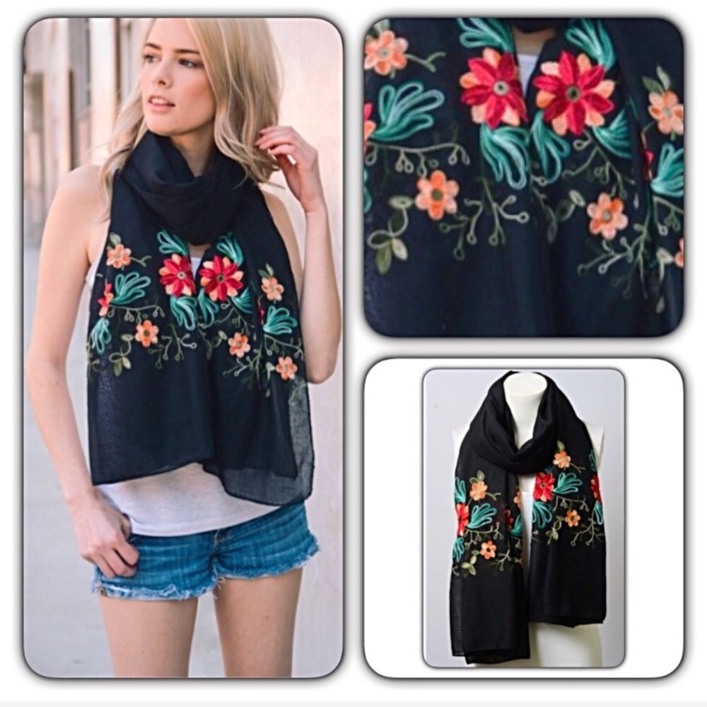 Boho Chic Lightweight Embroidered Floral Scarf NEW - Picture 3 of 6